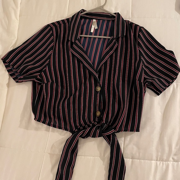 Moon Orchid Blue & Red Striped Tie Crop Top (Fits XS-S) - Picture 1 of 2